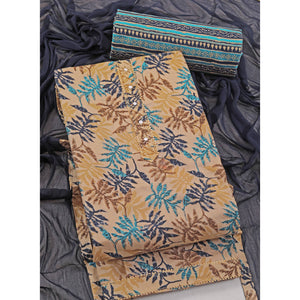 Chikoo & Navy Blue Foil Printed With Handwork Pure Pure Cotton Dress Material