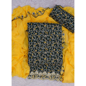 Bottle Green Floral Printed With Embroidery Cotton Silk Dress Material