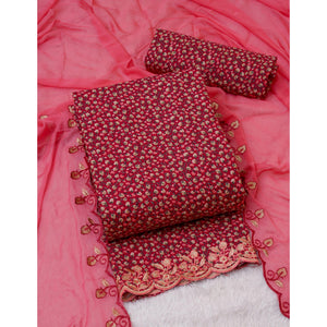 Cherry Red Floral Printed With Embroidery Cotton Silk Dress Material