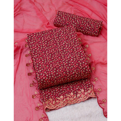 Cherry Red Floral Printed With Embroidery Cotton Silk Dress Material