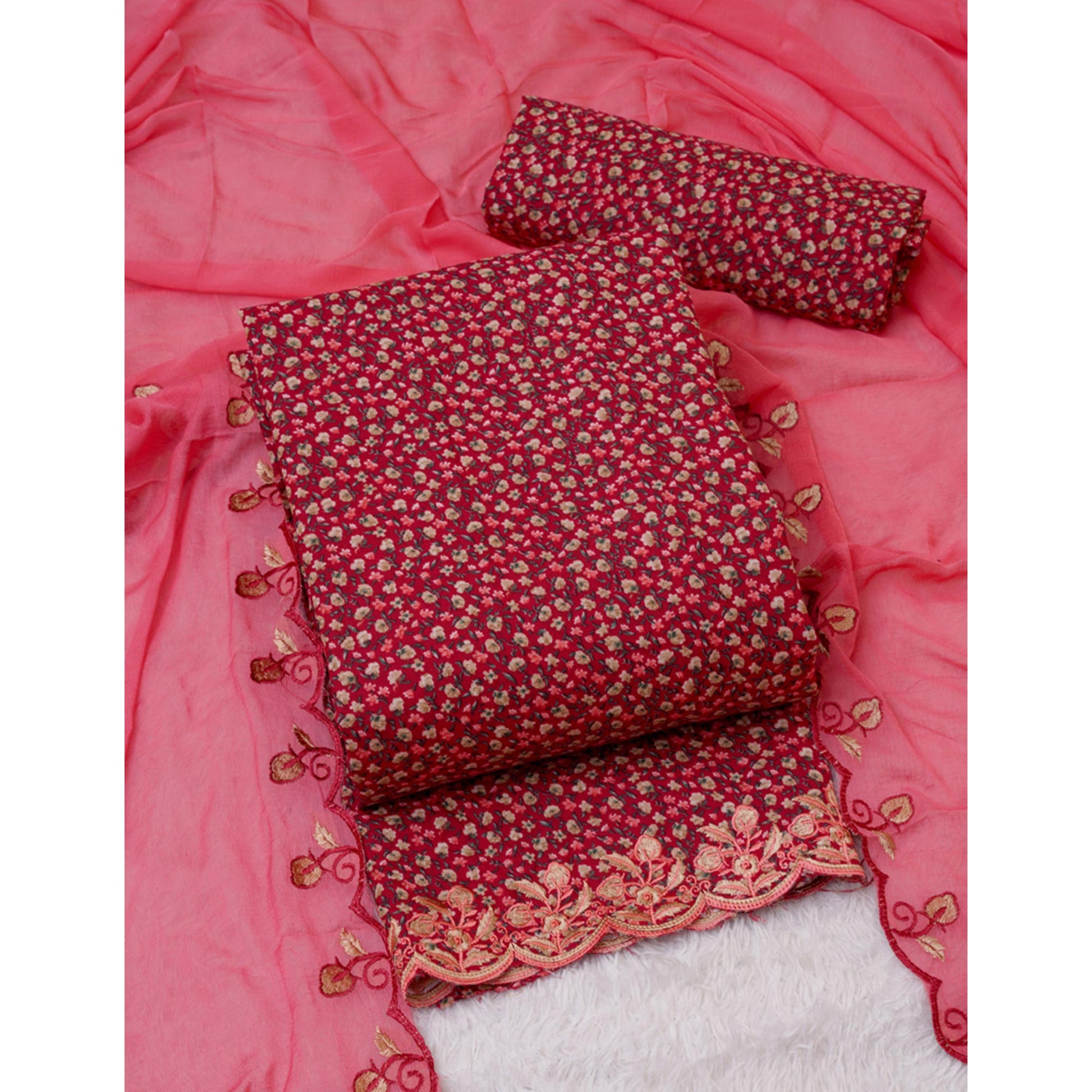 Cherry Red Floral Printed With Embroidery Cotton Silk Dress Material