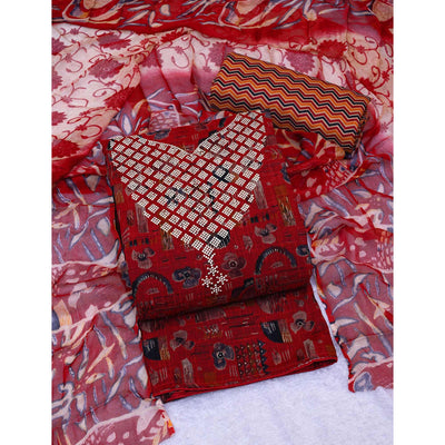 Maroon Floral Printed With Stone Work Yoke Pure Cotton Dress Material