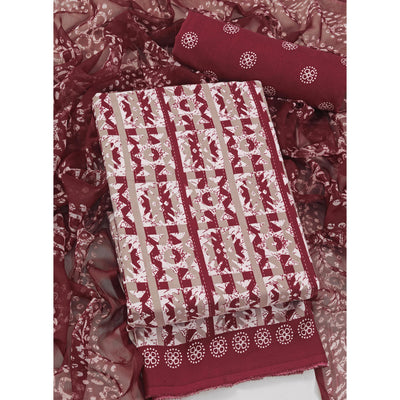 Maroon & Brown Geometric Printed Crepe Dress Material