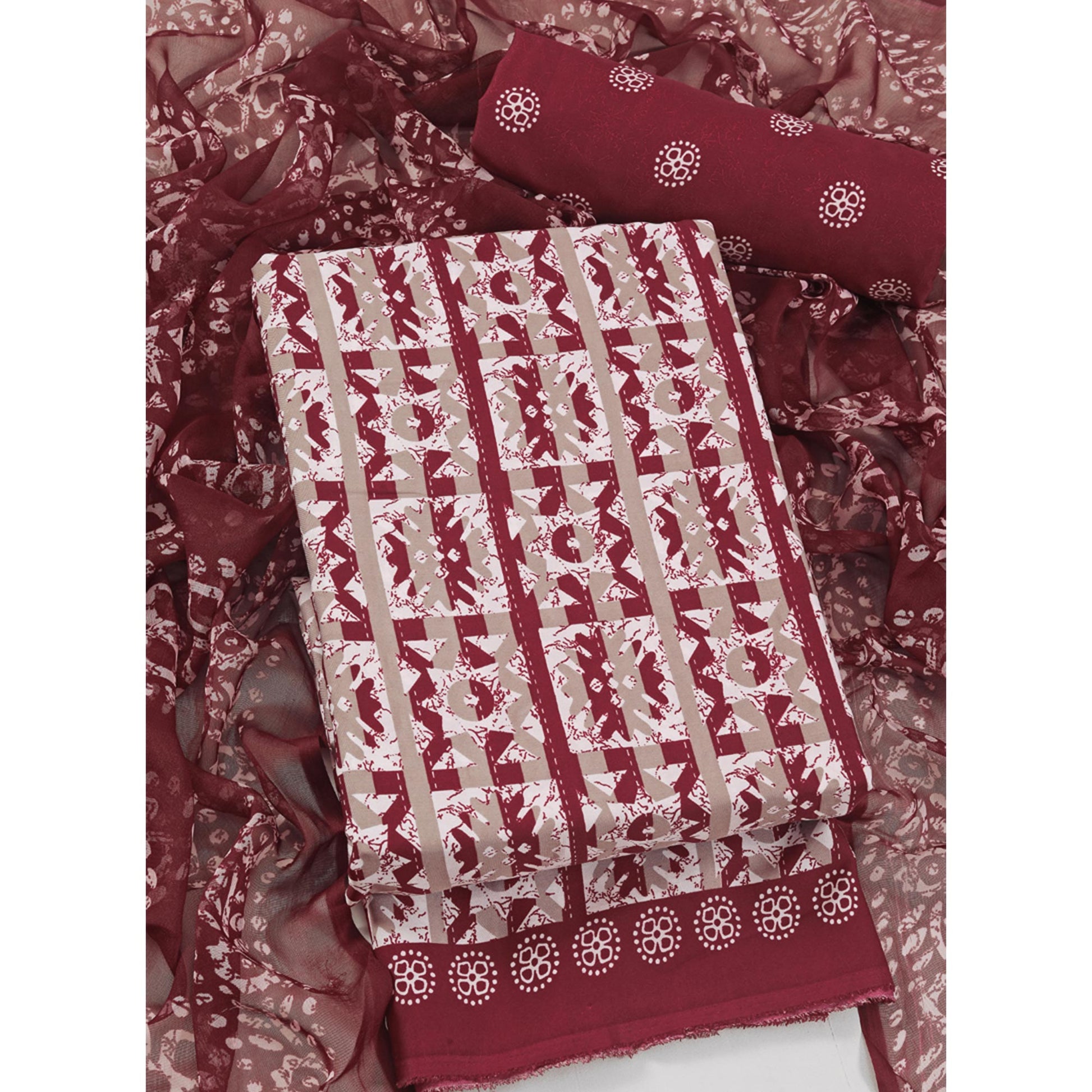 Maroon & Brown Geometric Printed Crepe Dress Material