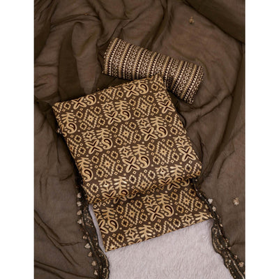 Brown Foil Printed Cotton Blend Dress Material