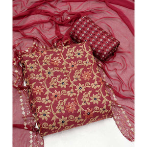 Maroon Floral Printed Pure Cotton Dress Material