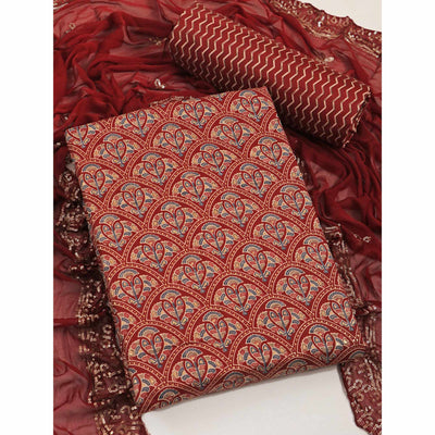 Maroon Floral Foil Printed Cotton Blend Dress Material