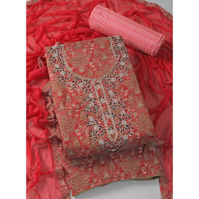 Gajari Pink Floral Printed With Hand Embroidery Pure Cotton Dress Material