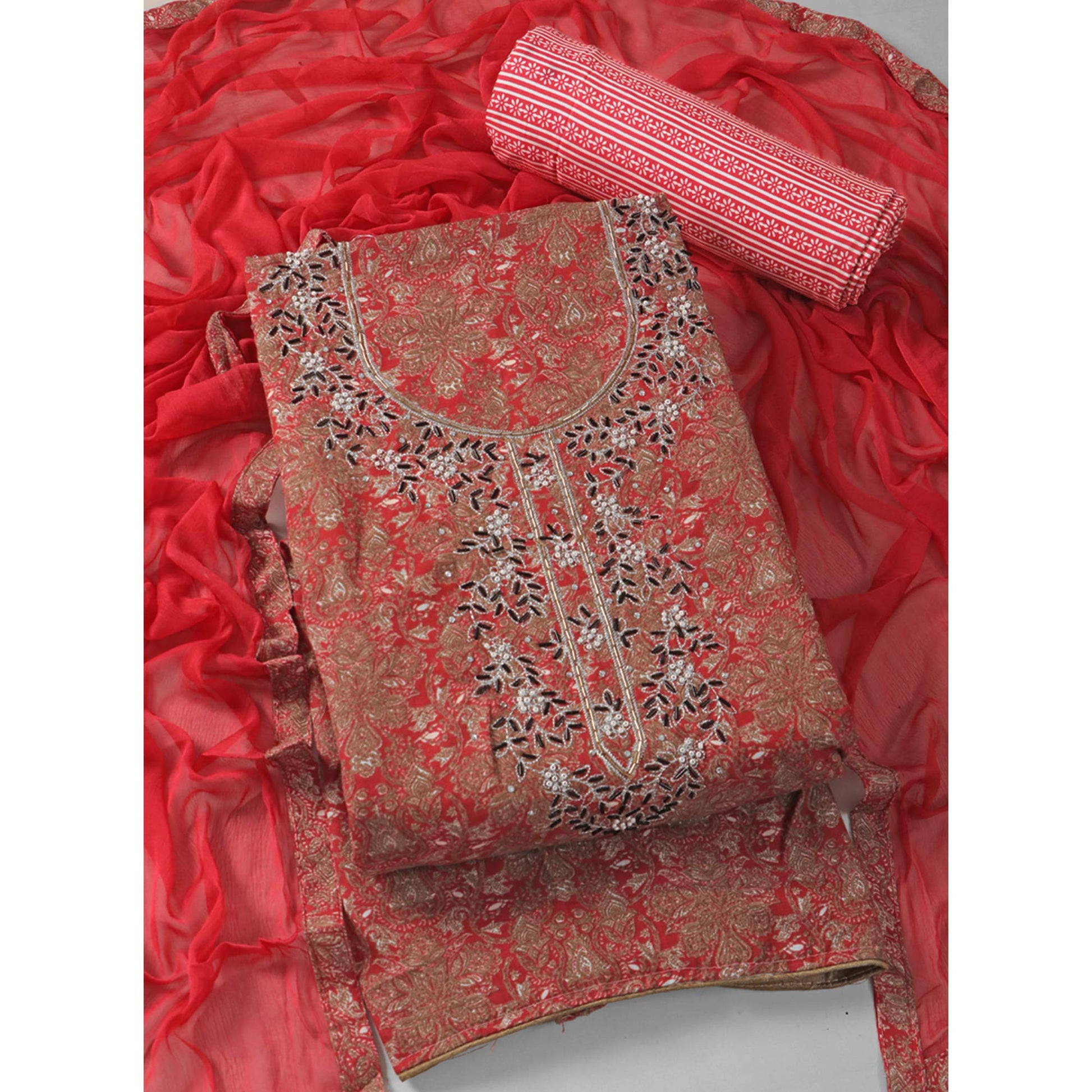 Gajari Pink Floral Printed With Hand Embroidery Pure Cotton Dress Material