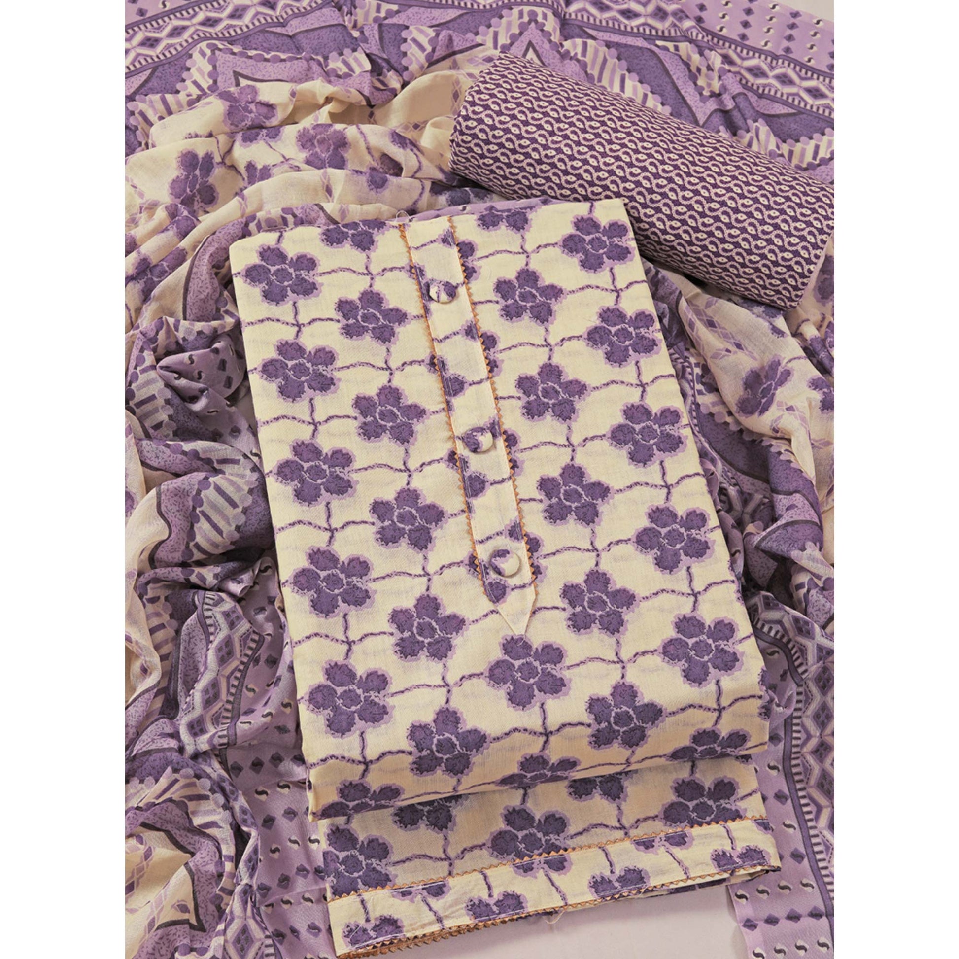 Lavender Floral Printed With Gota Patti Work Pure Cotton Dress Material