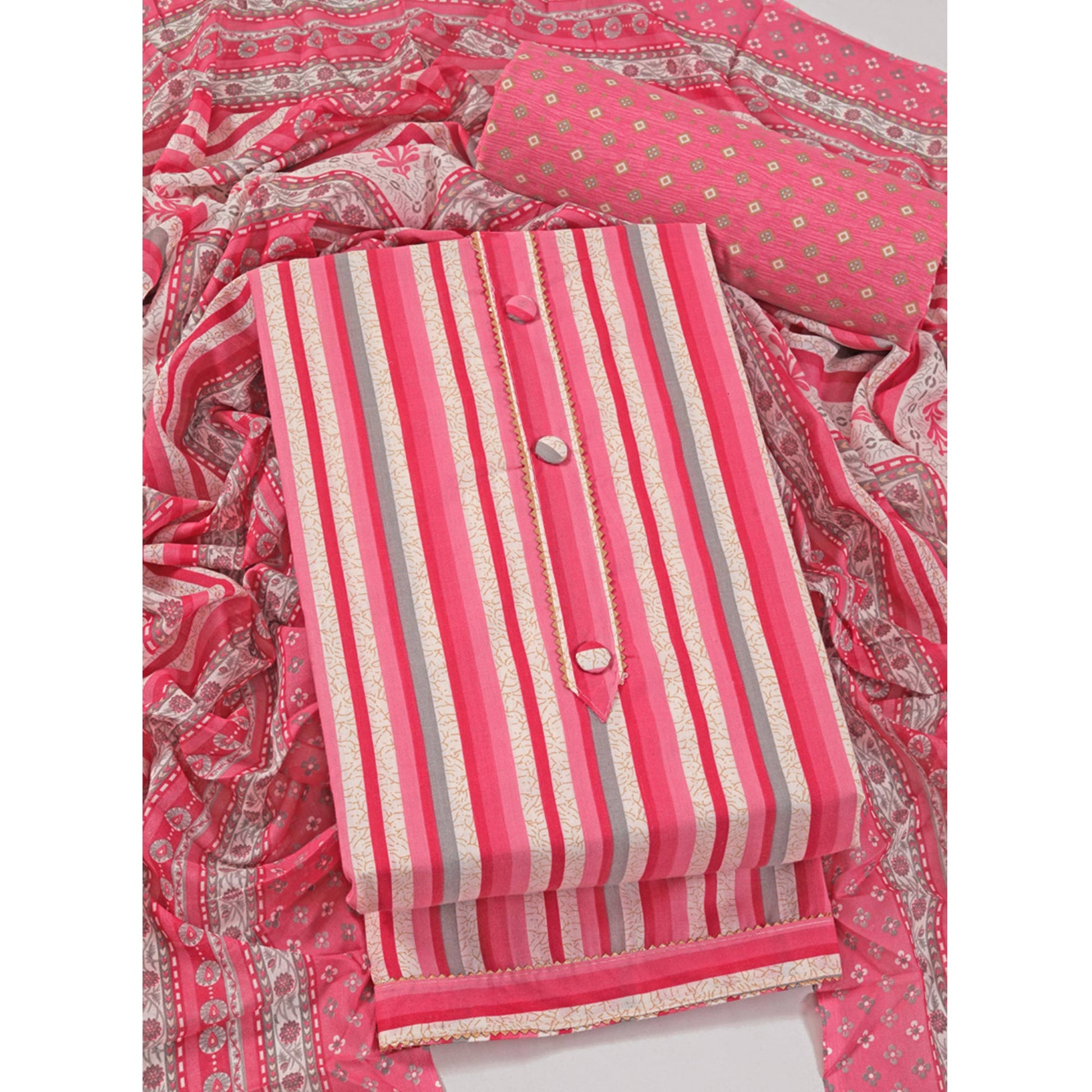 Gajari Pink Striped Printed With Gota Patti Work Pure Cotton Dress Material