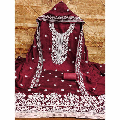 Maroon Floral Embroidered Vichitra Silk Dress Material