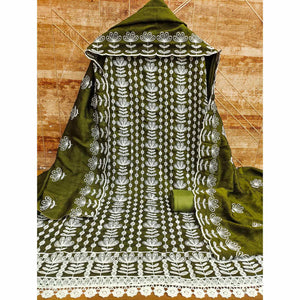 Mehendi Green Floral Embroidered Vichitra Silk Dress Material