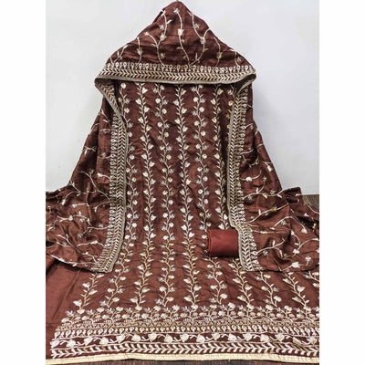 Brown Floral Embroidered Vichitra Silk Dress Material