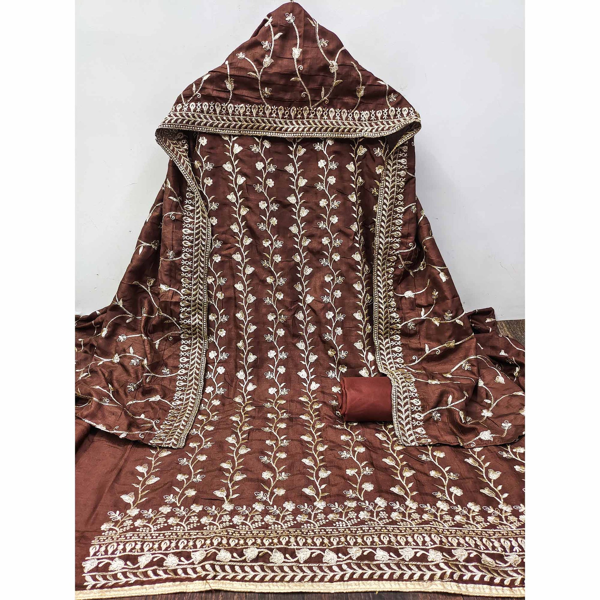 Brown Floral Embroidered Vichitra Silk Dress Material