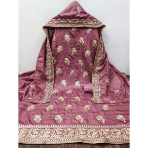 Mauve Floral Embroidered Vichitra Silk Dress Material