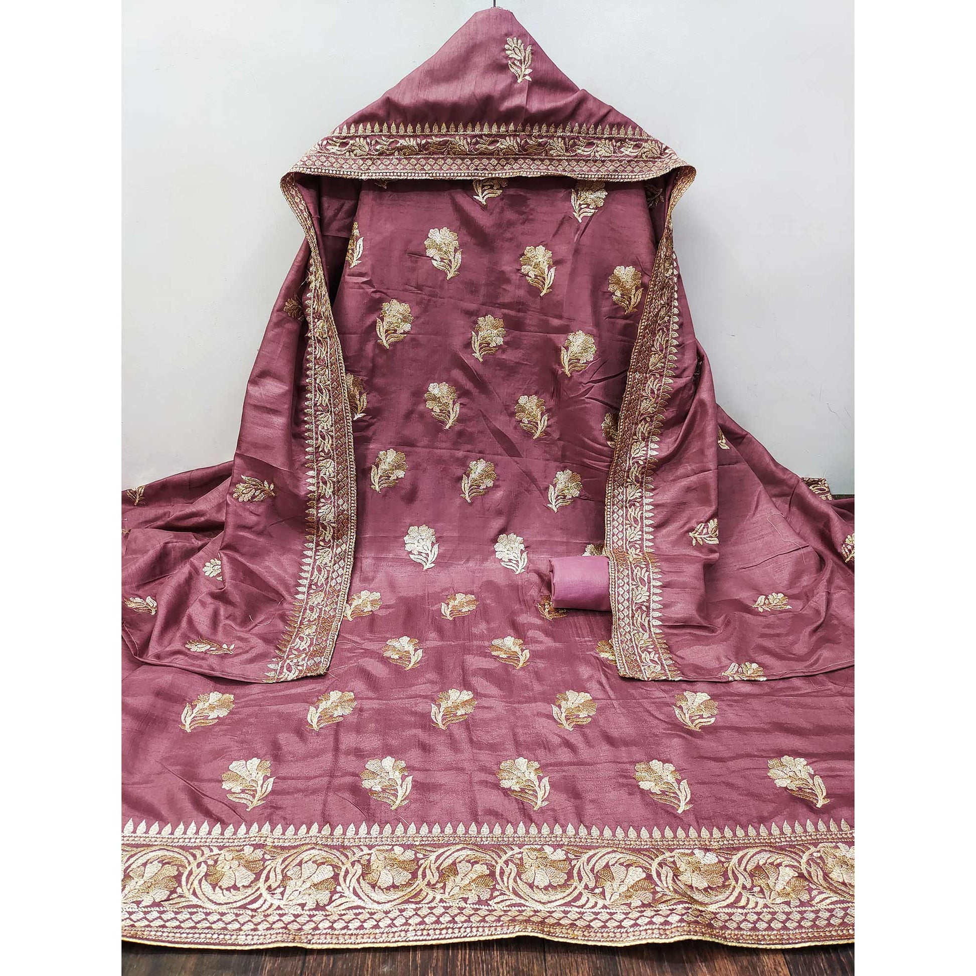 Mauve Floral Embroidered Vichitra Silk Dress Material