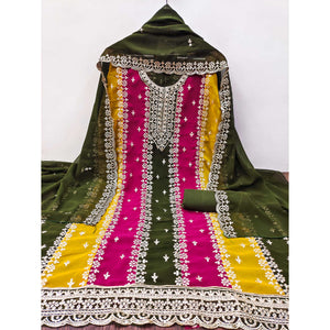 Mehendi Green Floral Embroidered Georgette Dress Material