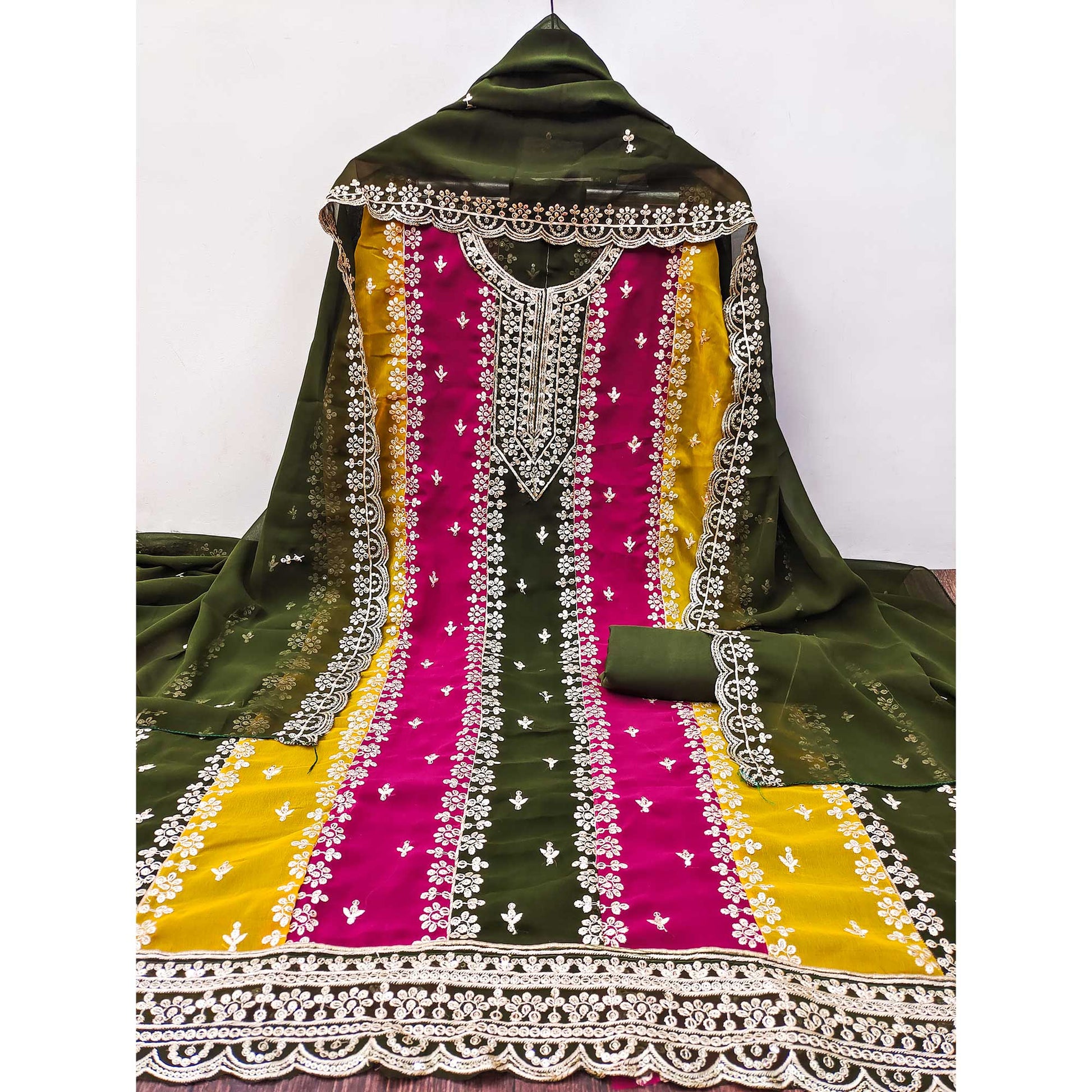 Mehendi Green Floral Embroidered Georgette Dress Material