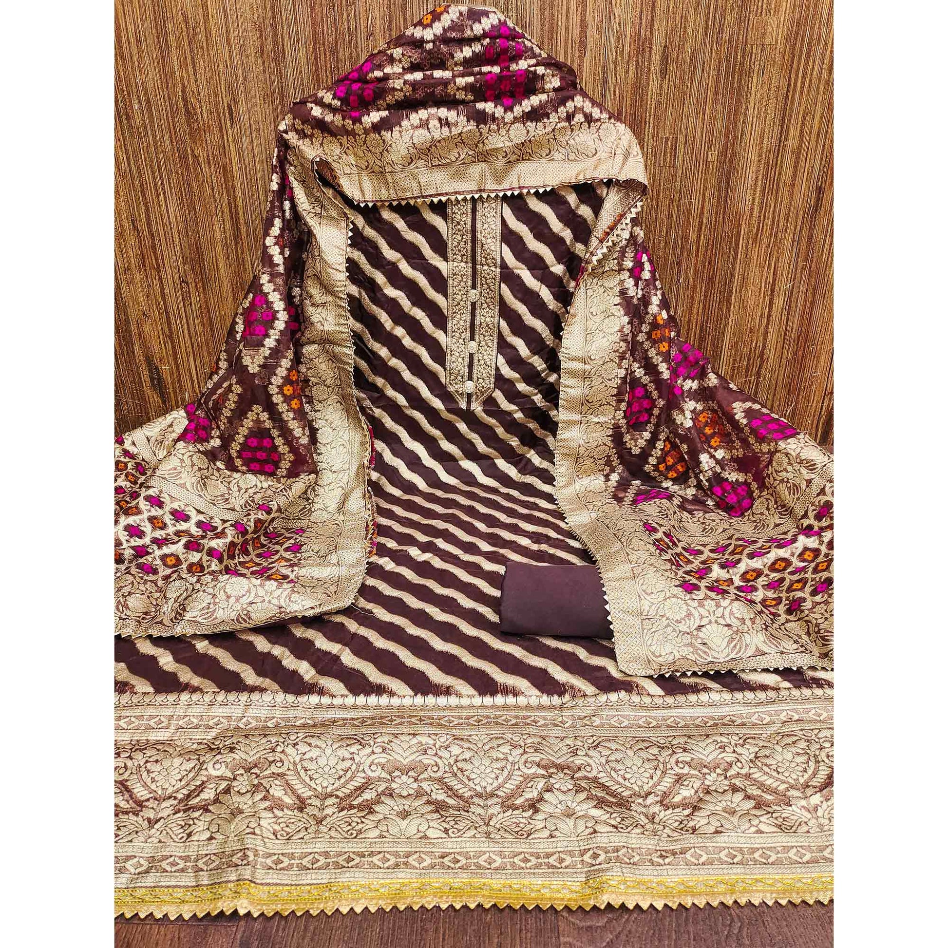 Brown Woven Jacquard Dress Material