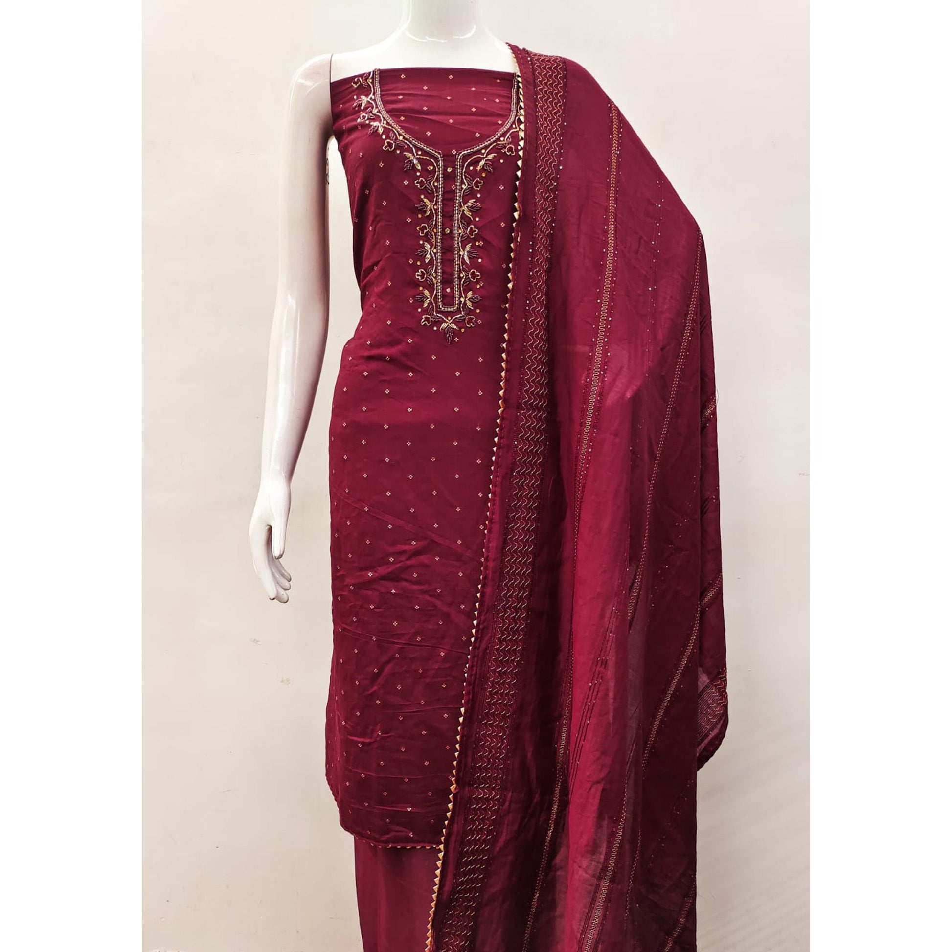 Maroon Butti With Hand Embroidered Jacquard Dress Material