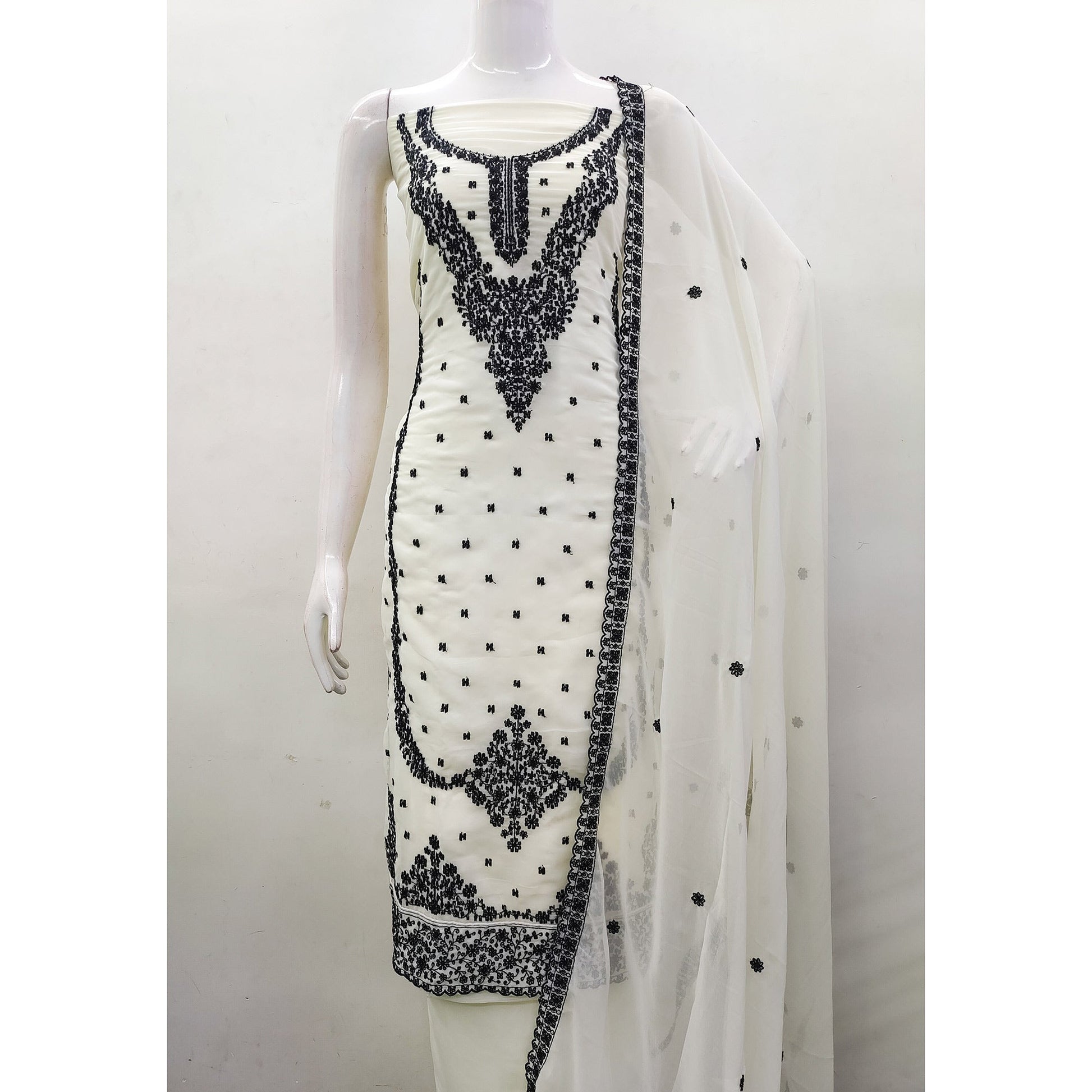 Cream Floral Embroidered Georgette Dress Material