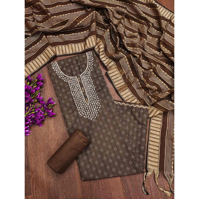 Brown Woven With Handwork Cotton Blend Dress Material