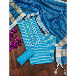 Blue Woven With Handwork Cotton Blend Dress Material