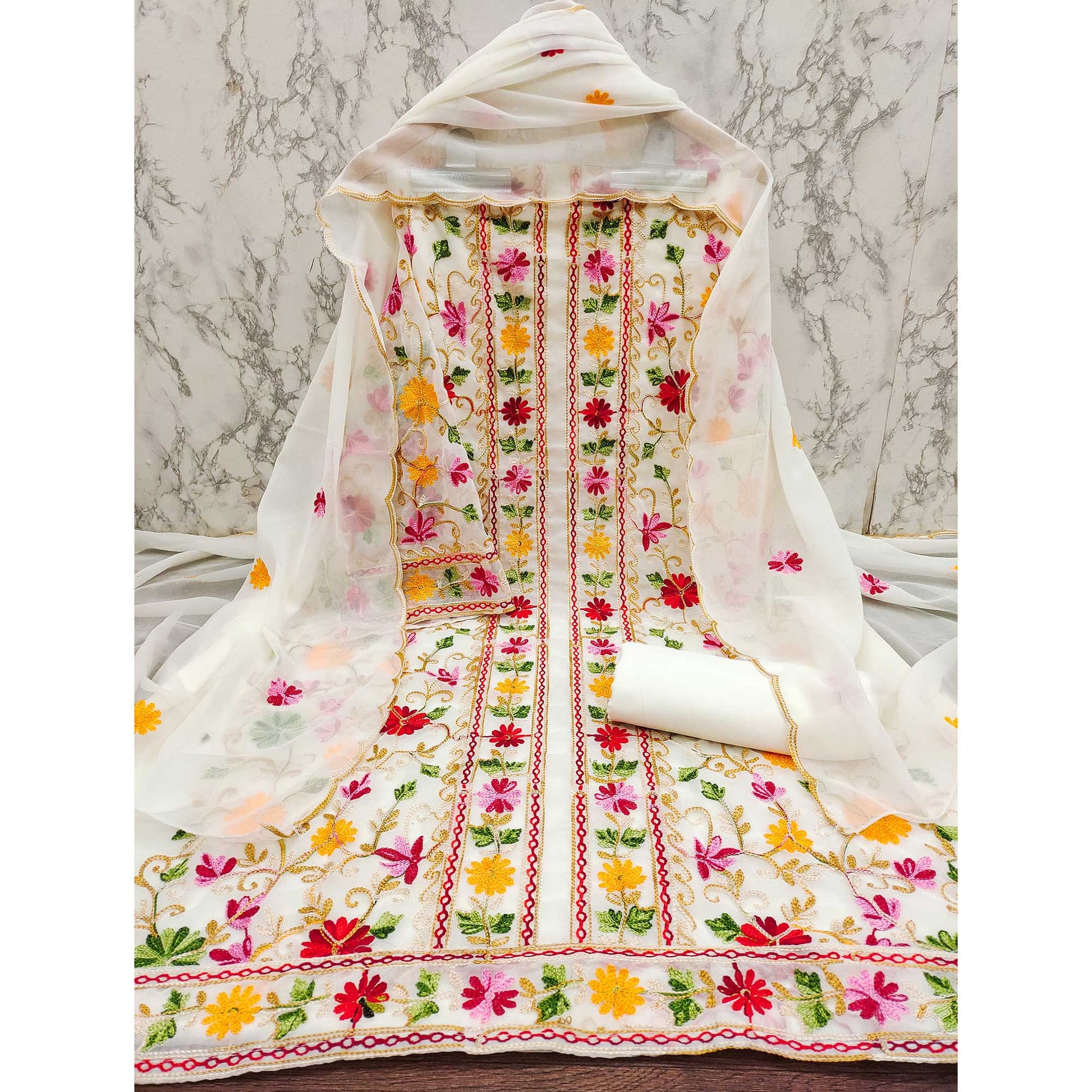 Cream Floral Embroidered Georgette Dress Material