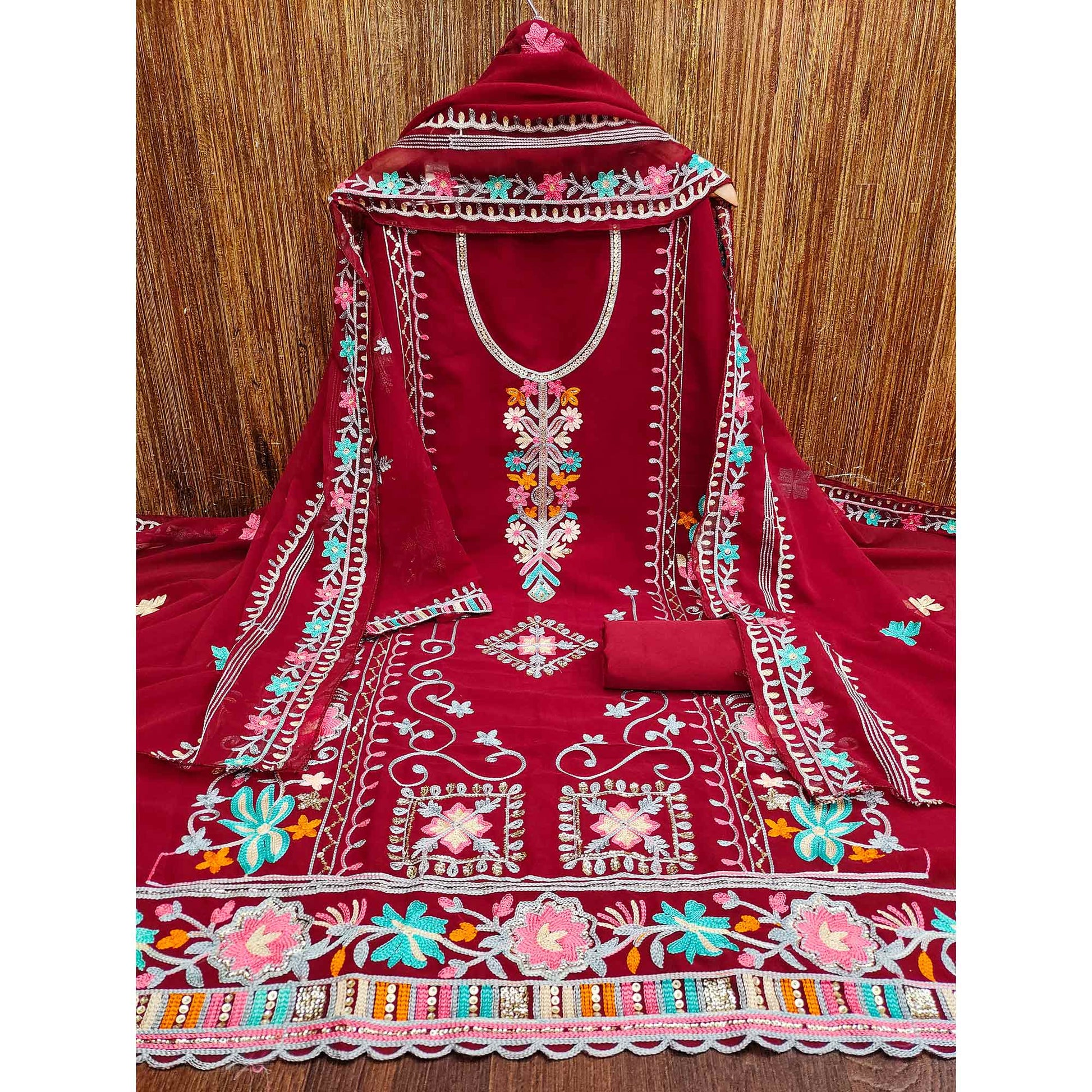 Maroon Floral Sequins Embroidered Georgette Dress Material