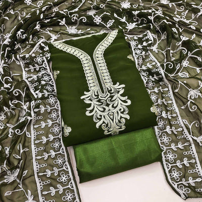 Mehendi Green Floral Sequins Embroidered Georgette Dress Material