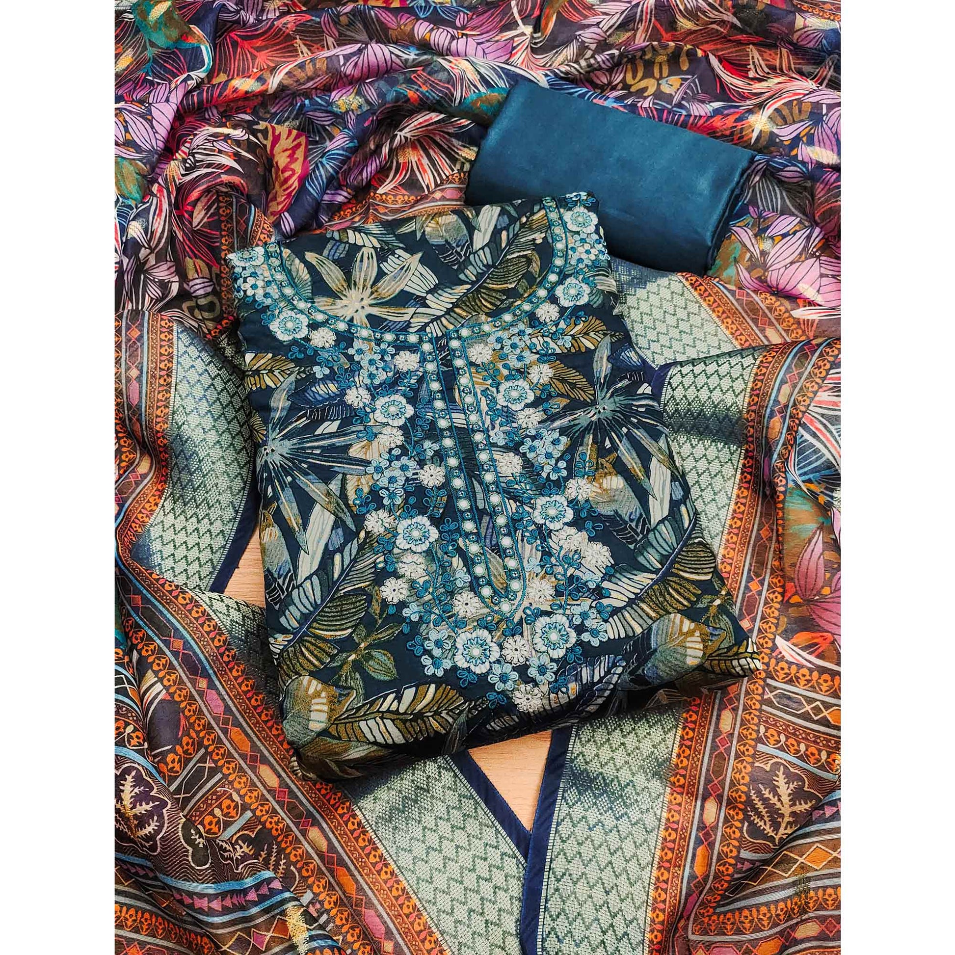 Morpich Blue Floral Printed Pure Cotton Dress Material