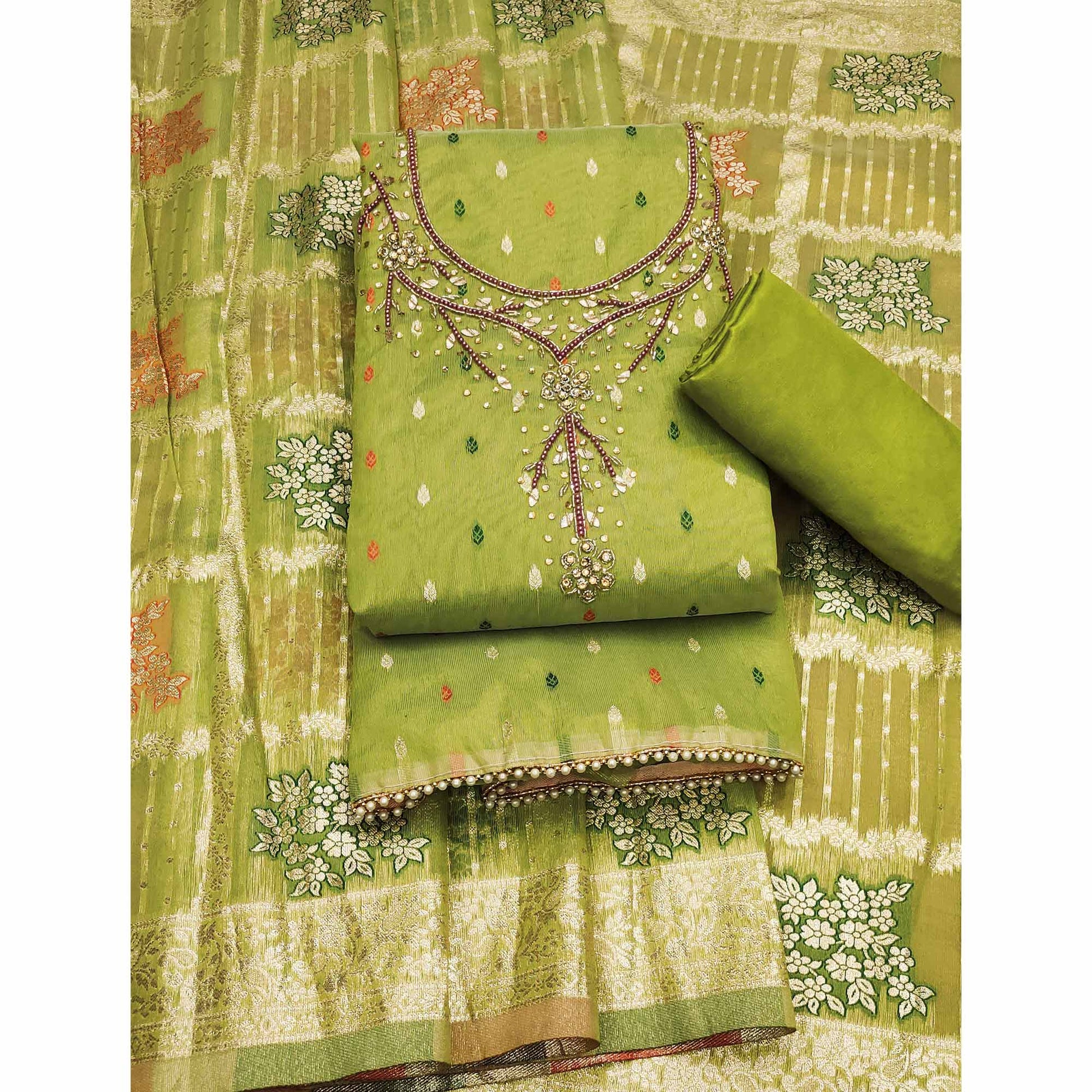 green-woven-with-handwork-simmer-jacquard-dress-material