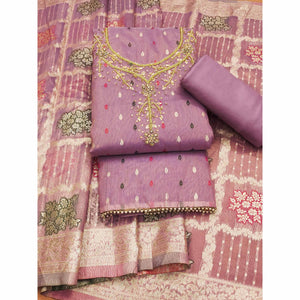 Lavender Woven With Handwork Simmer Jacquard Dress Material