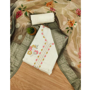 Cream Floral Sequins Embroidered Cotton Roman Silk Dress Material