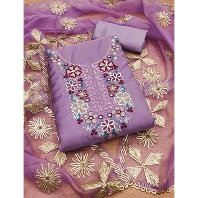 Lavender Floral Embroidered Soft Organza Dress Material