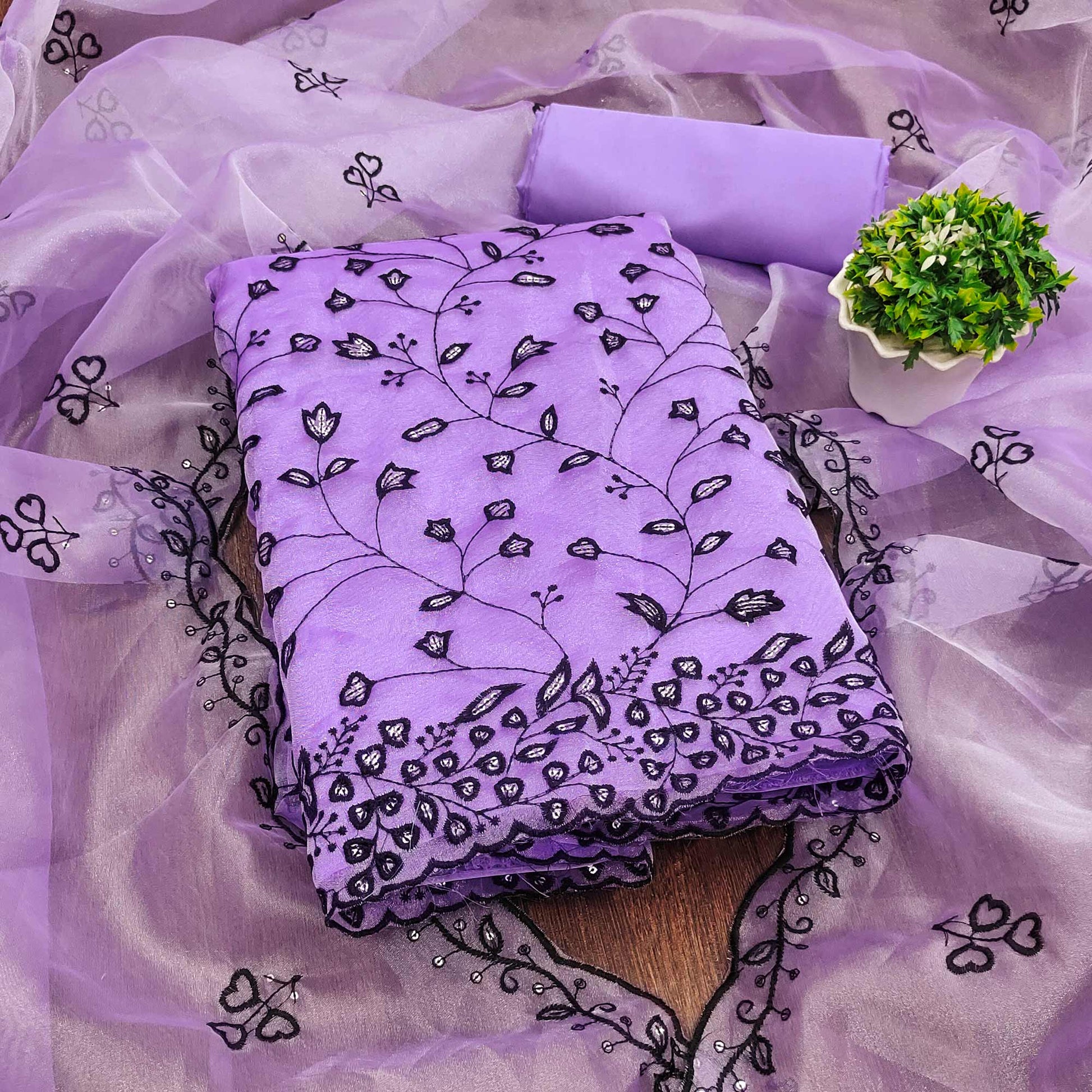 Lavender Floral Sequins Embroidered Organza Dress Material