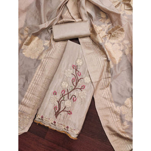 Chikoo Floral Embroidered Chinon Silk Dress Material