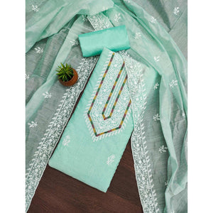 Light Turquoise Floral Embroidered Modal Chanderi Silk Dress Material