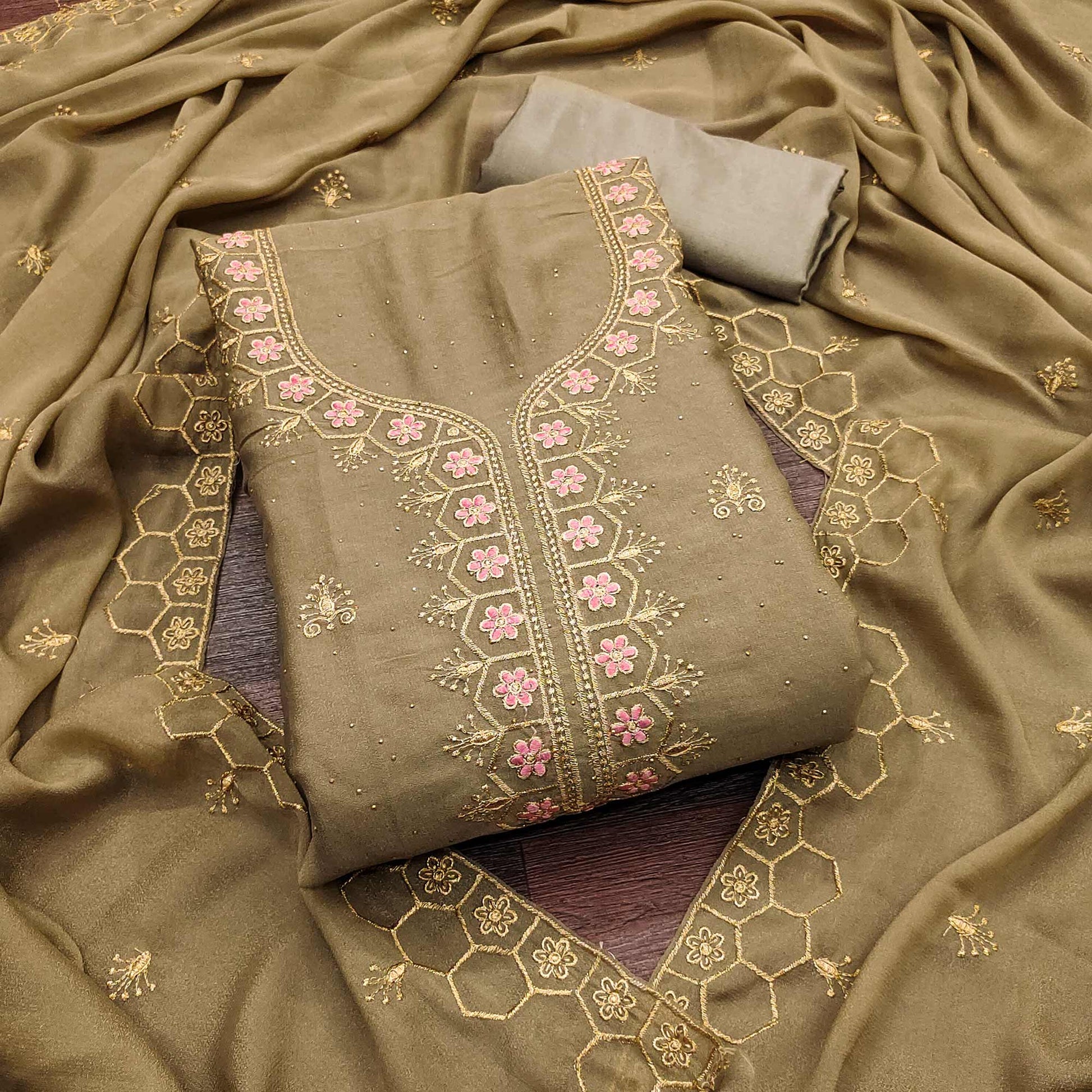 Chikoo Floral Embroidered Georgette Dress Material