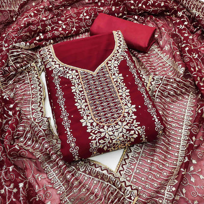 Maroon Floral Embroidered Georgette Dress Material