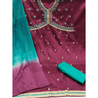 Maroon Floral Embroidered Zoya Silk Dress Material