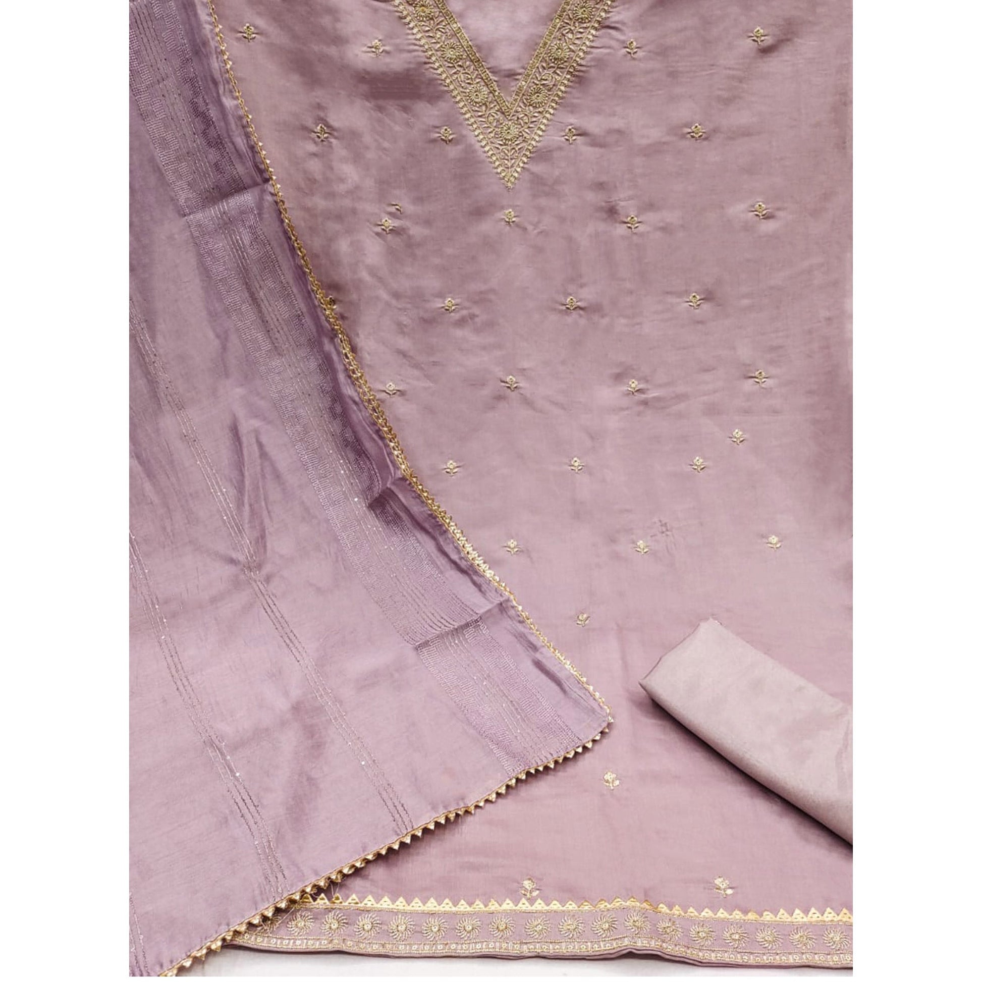 Light Purple Floral Embroidered Art Silk Dress Material