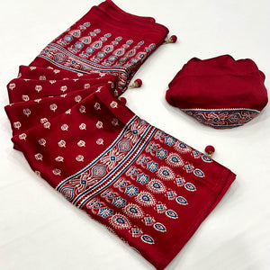 Maroon Ajrakh Printed Satin Saree