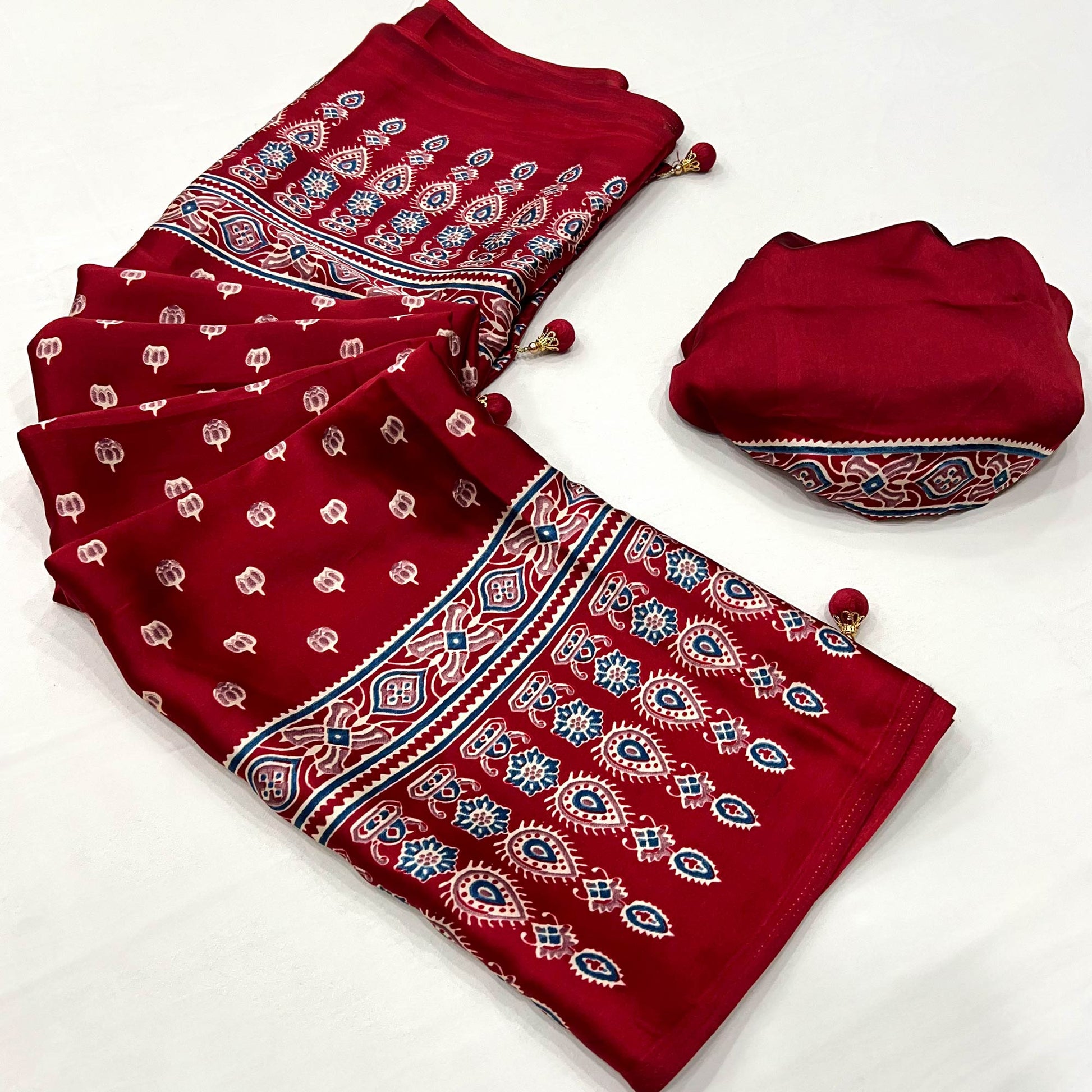 Maroon Ajrakh Printed Satin Saree