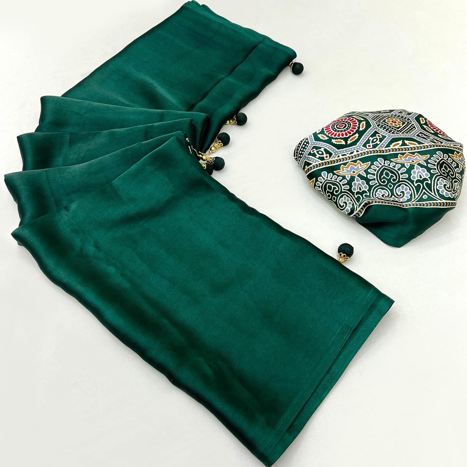 green-ajrakh-printed-crepe-satin-saree-with-tassels