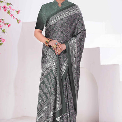 Bottle Green Digital Printed Crepe Saree