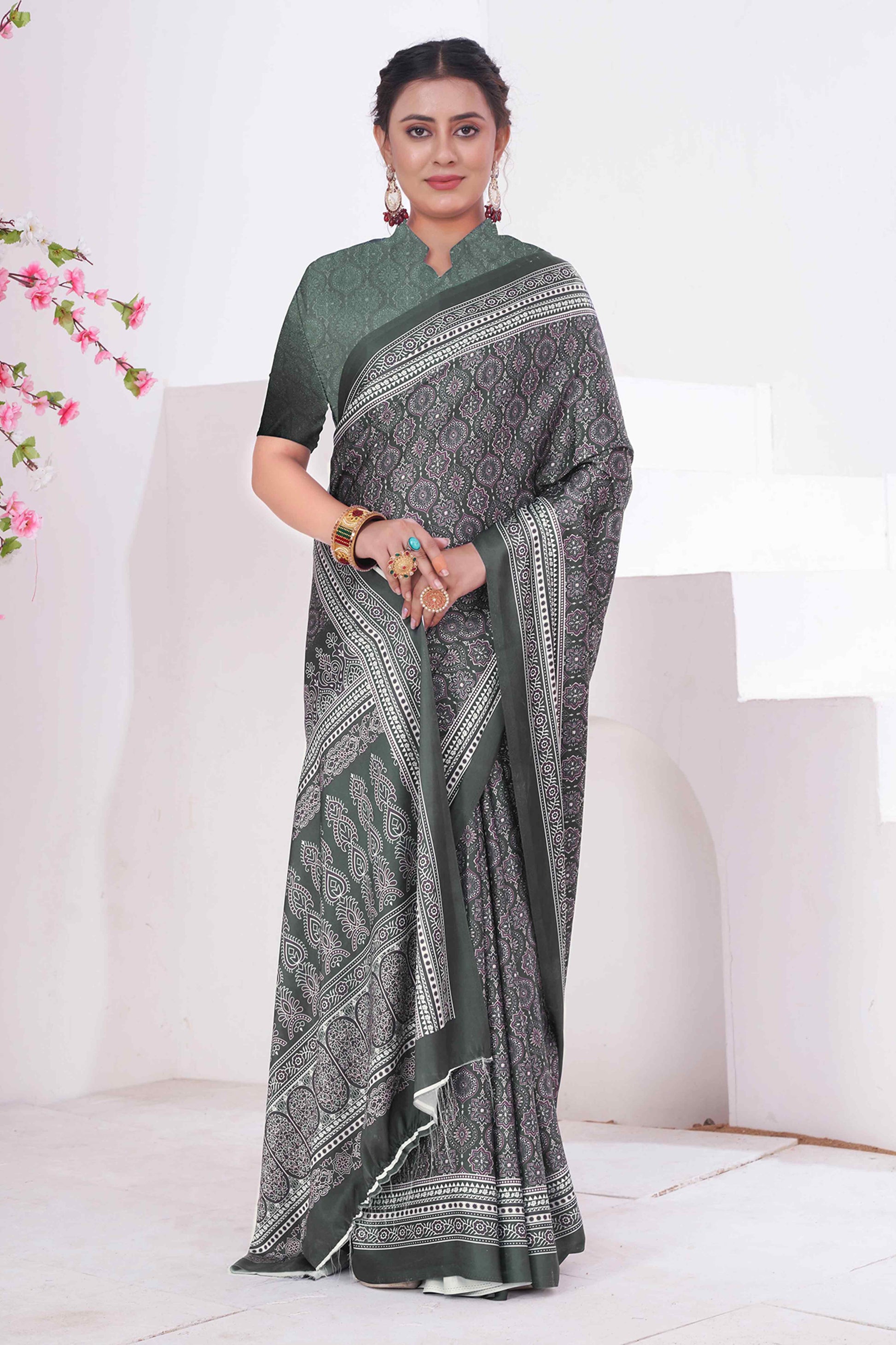 Bottle Green Digital Printed Crepe Saree