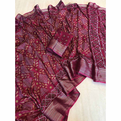 Maroon Ikkat Printed Cotton Silk Saree