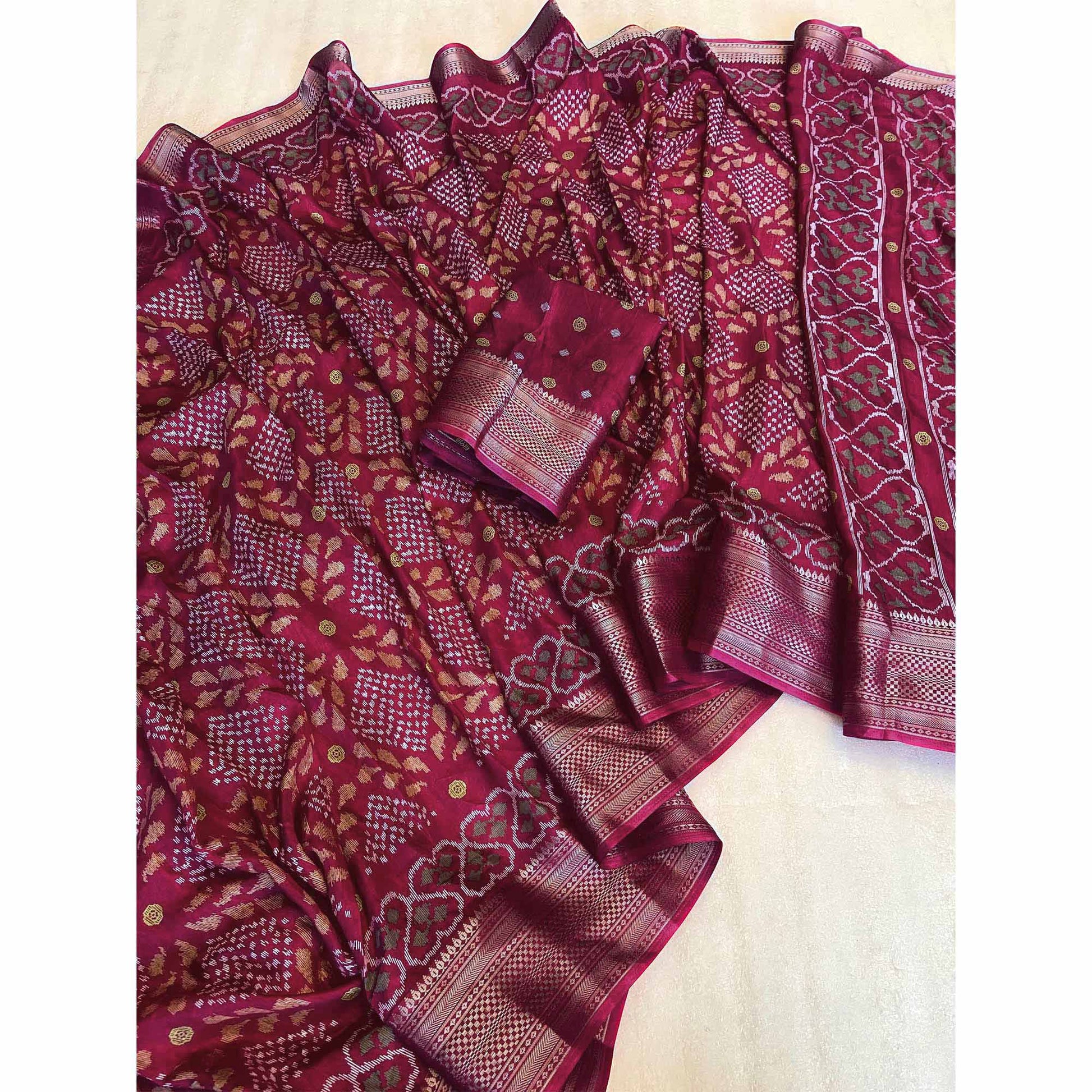 Maroon Ikkat Printed Cotton Silk Saree